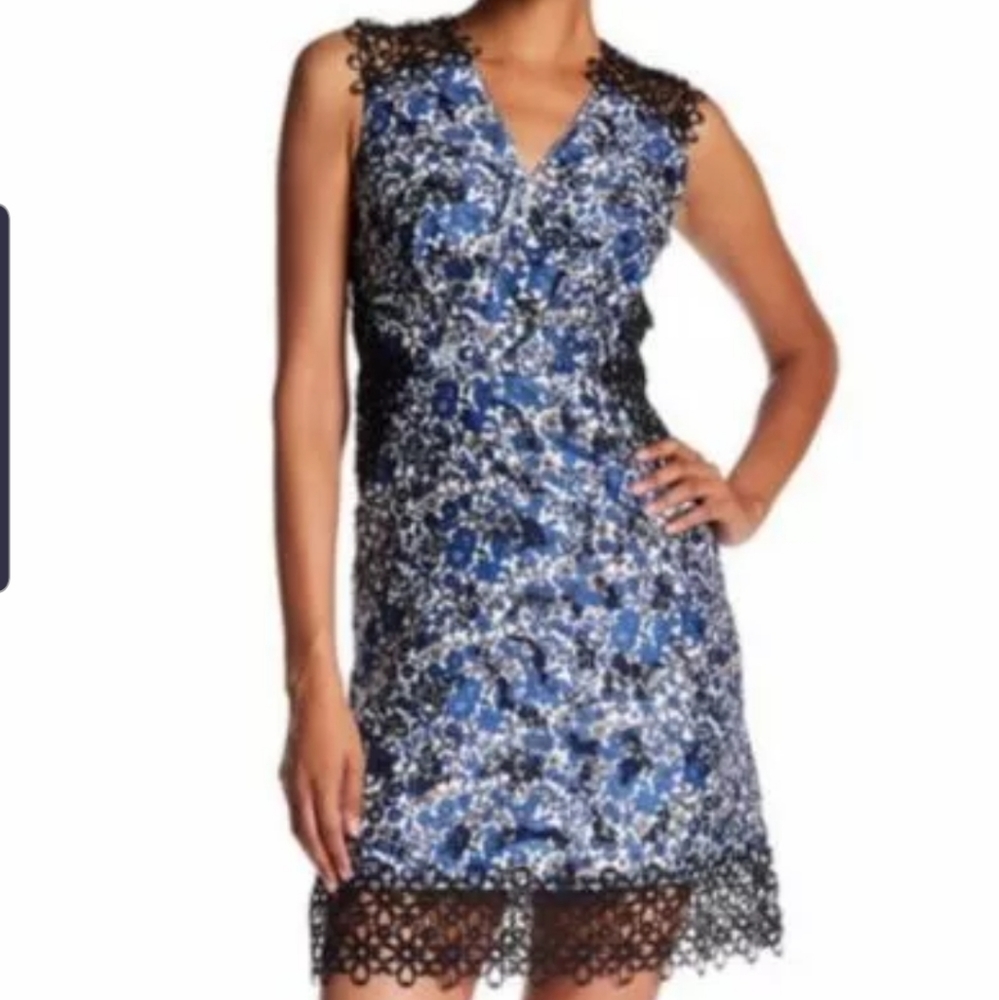 NWT $448.00 ELIE TAHARI Women's Floral Print Lace Blue  Dress Size 2 XS